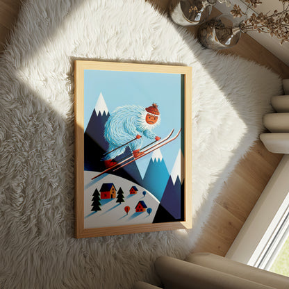 Funny Yeti Skiing in the Mountains and Whimsical Winter Cartoon Illustration - Outdoor Activities