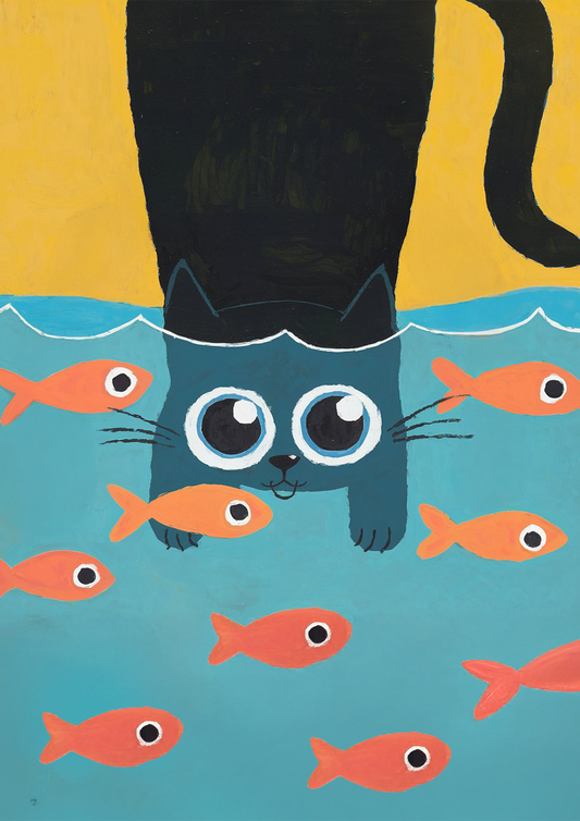 Cute Cat Enjoying The Fishes - Dog and Cat Posters