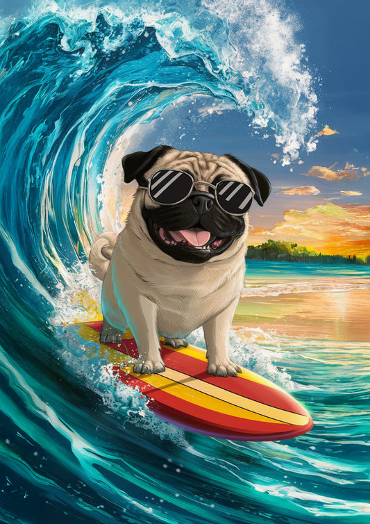 Pug Surfing at the Beach - Dog and Cat Posters