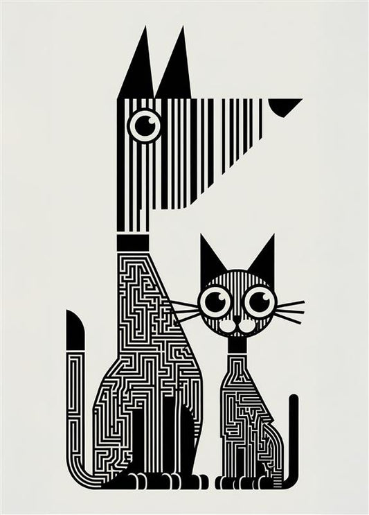 Black and White Abstract Design - Dog and Cat Posters